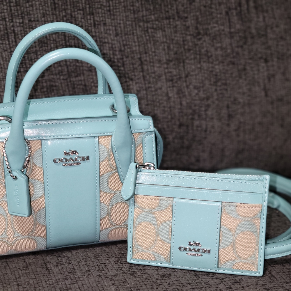 Coach Light Blue and Beige Signature Bag Set
